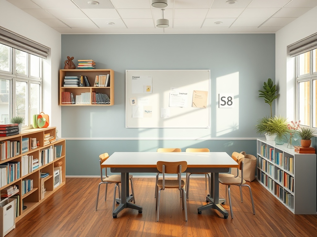 Современный класс: стол и стулья, полки с книгами и растениями, светлое помещение с окнами.