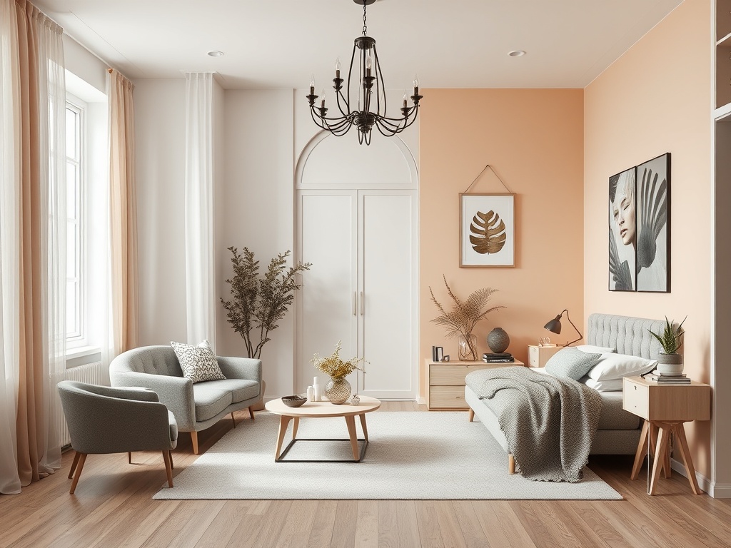 Уютная комната с светлыми стенами, мягкой мебелью и стильным декором. Гармония и комфорт в интерьере.