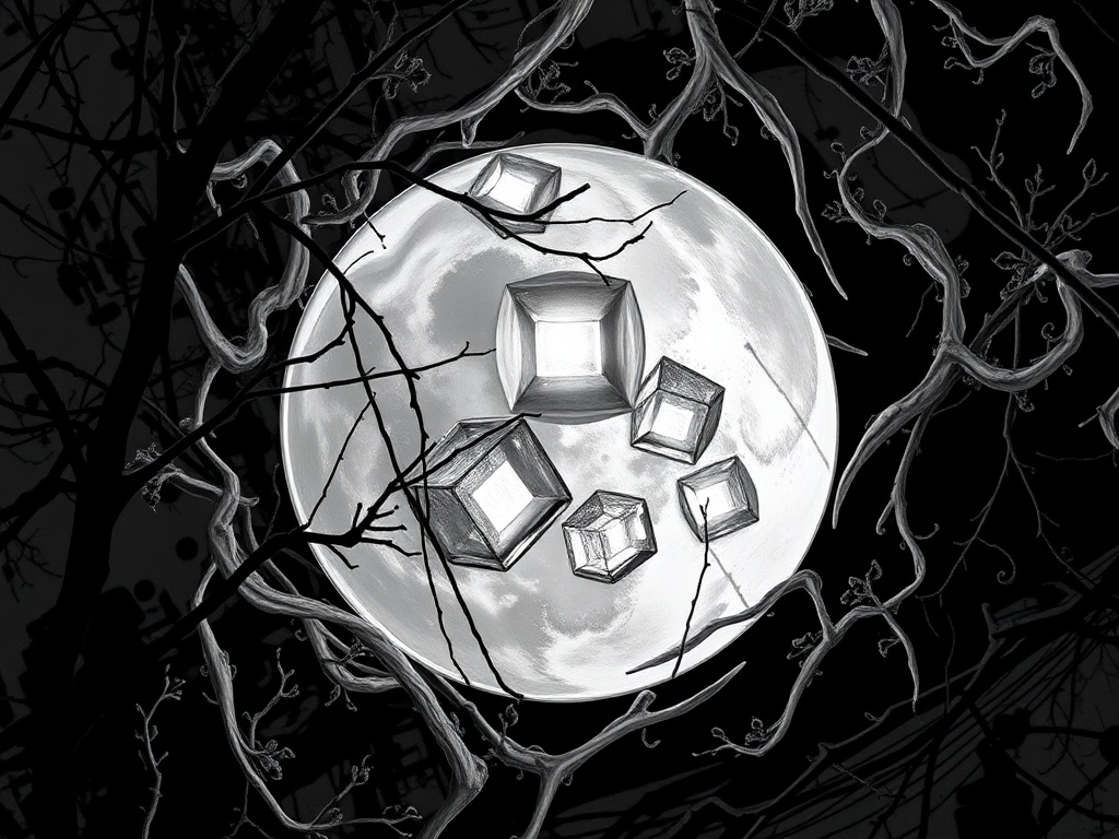 На фоне ночного неба большой светлый месяц окружён тёмными ветвями и кристаллами.