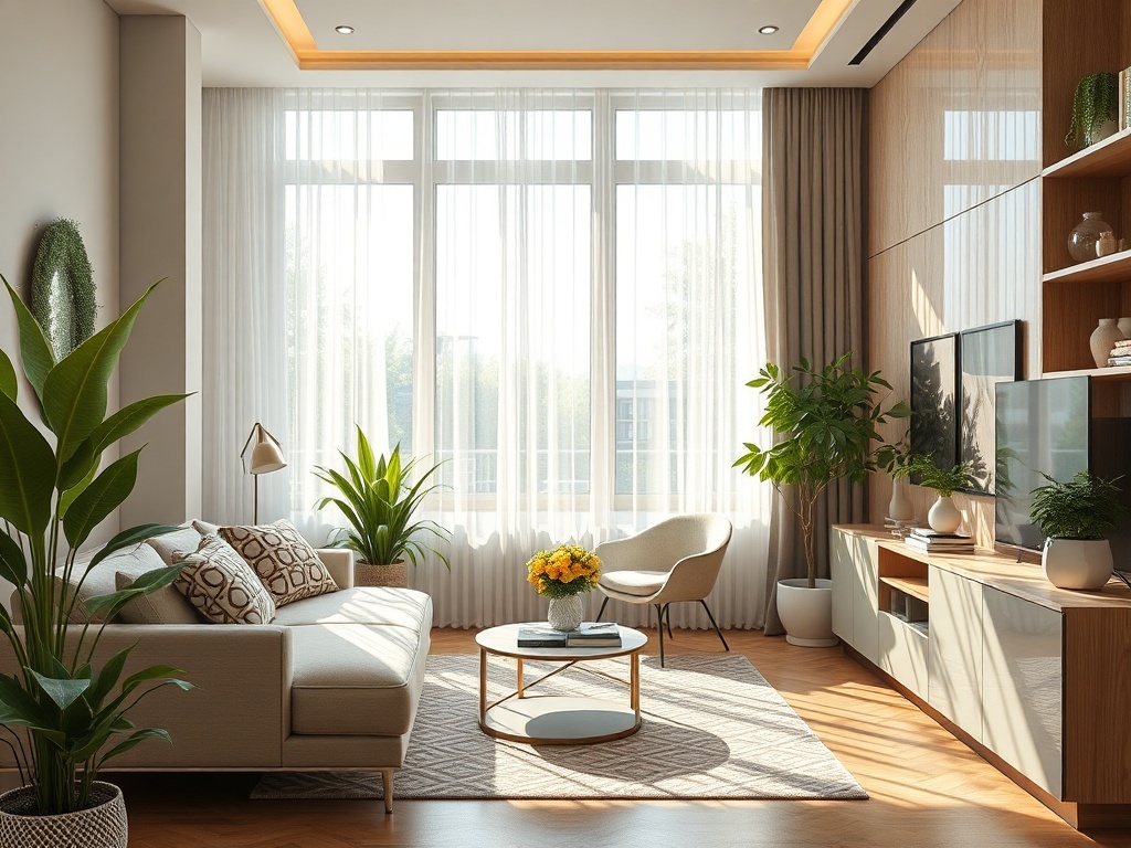 Светлая гостиная с зелеными растениями, удобным диваном ичерез большие окна пробивается солнечный свет.