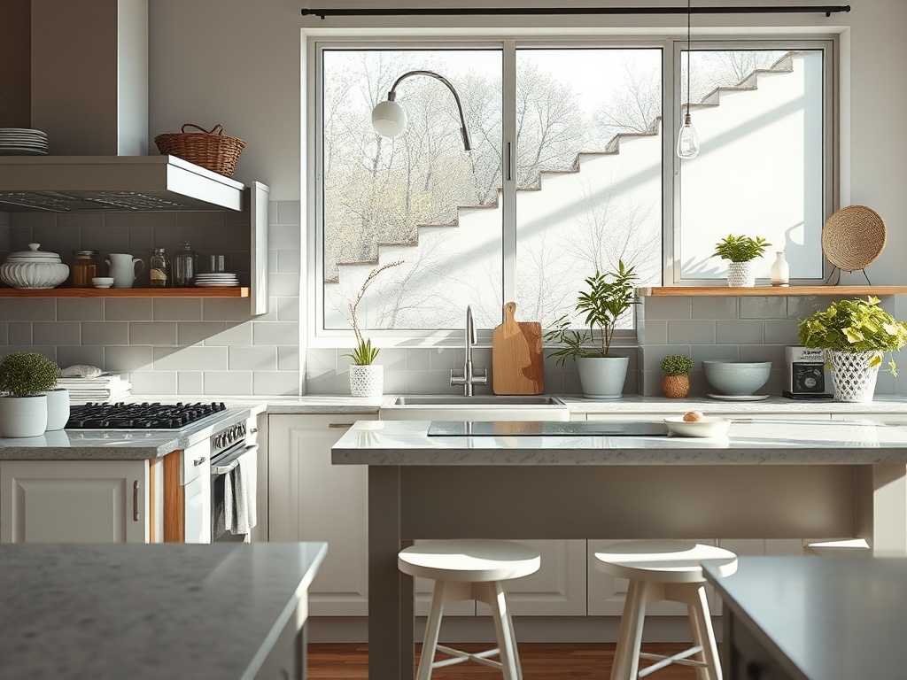Современная кухня с большим окном, растениями и минималистичным дизайном. Стол и стулья из светлого дерева.