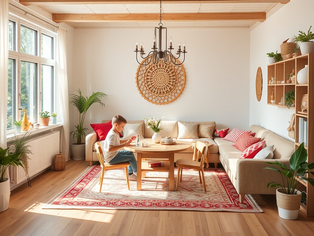 Уютная гостиная с ребенком, играющим за круглым столом, и уютной мебелью в светлых тонах.