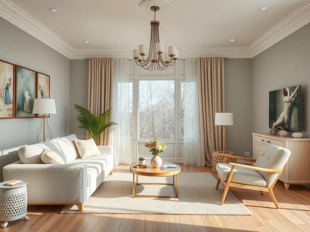 Современная гостиная с уютным диваном, столиком, растением и картинами на стенах. Светлые тона и много света.