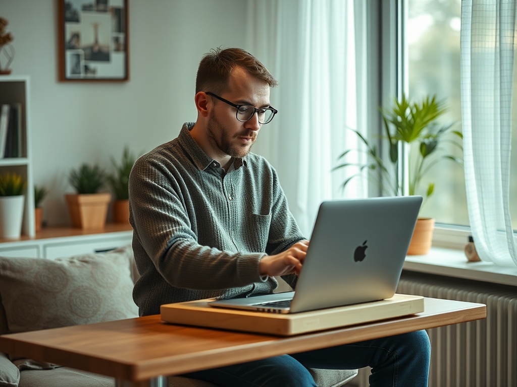 Молодой человек работает на ноутбуке за столом в уютной комнате с растениями на подоконнике.