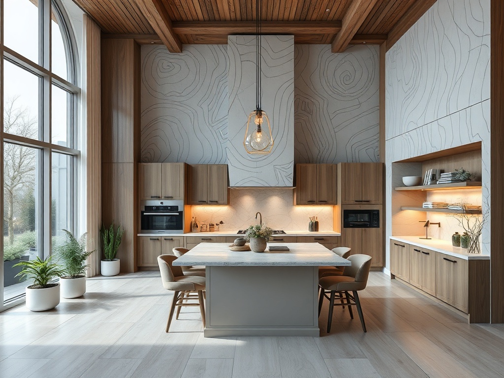 Современная кухня с деревянными шкафами, большим столом и большими окнами, освещенная естественным светом.